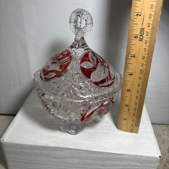 Hofbauer Byrdes Crystal Candy Dish With Lid Red Etched Bird Design 7" Tall - Picture 13 of 13